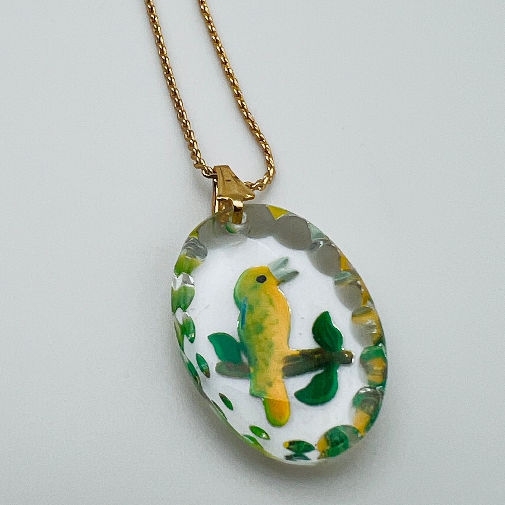 Vintage Glass Bird Pendant Hand Painted Acrylic Necklace Gold Tone Yellow Green